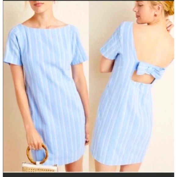 Anthropologie || Cape May Mini Bow Back Dress Linen Blend Blue Stripe Size 4 - Picture 1 of 11